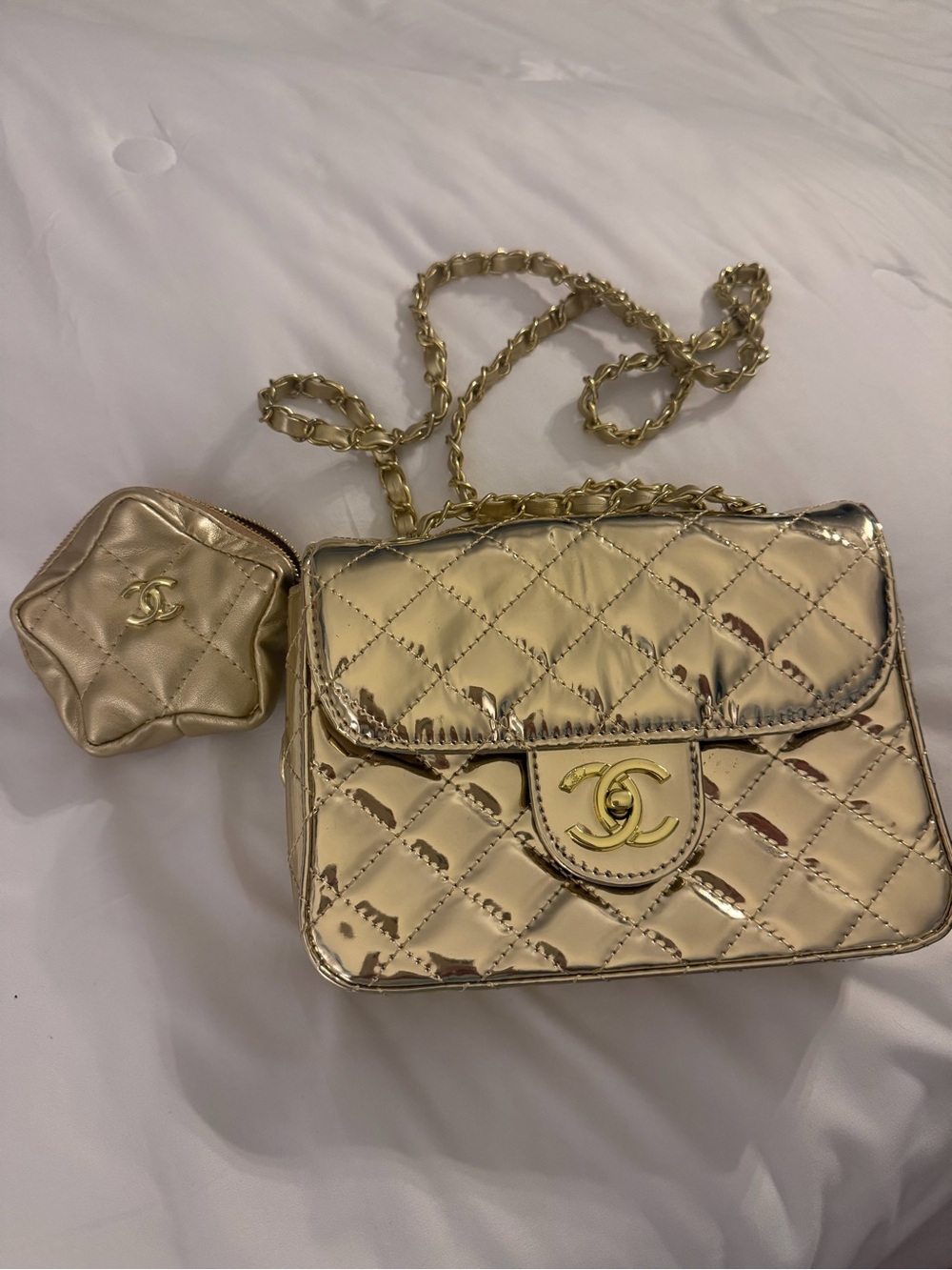 Metallic Gold Quilted Shoulder Bag with Coin Pouch